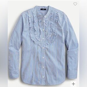 NWT J. Crew Band-Collar Ruffle-Front Shirt • Blue / White Stripes • Size XS